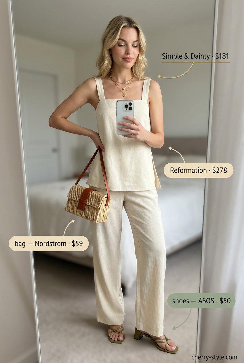 Chic linen blend separates for women 2026: cream camisole, sage pants, gold necklace, mules.