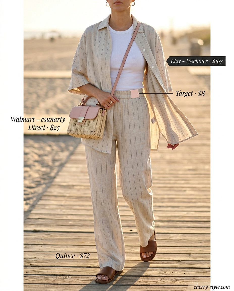 Coastal breeze linen set for women 2026: beige shirt, pants, white tank, sandals. Effortless vacation style.