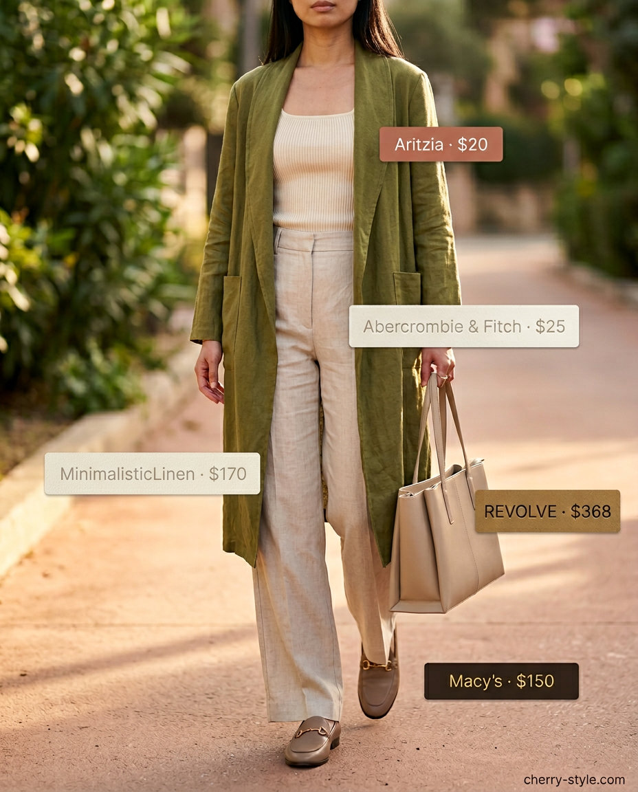 Chic Linen Trousers outfit: Camel wide-leg pants, cream knit top, olive cardigan, loafers, tote.