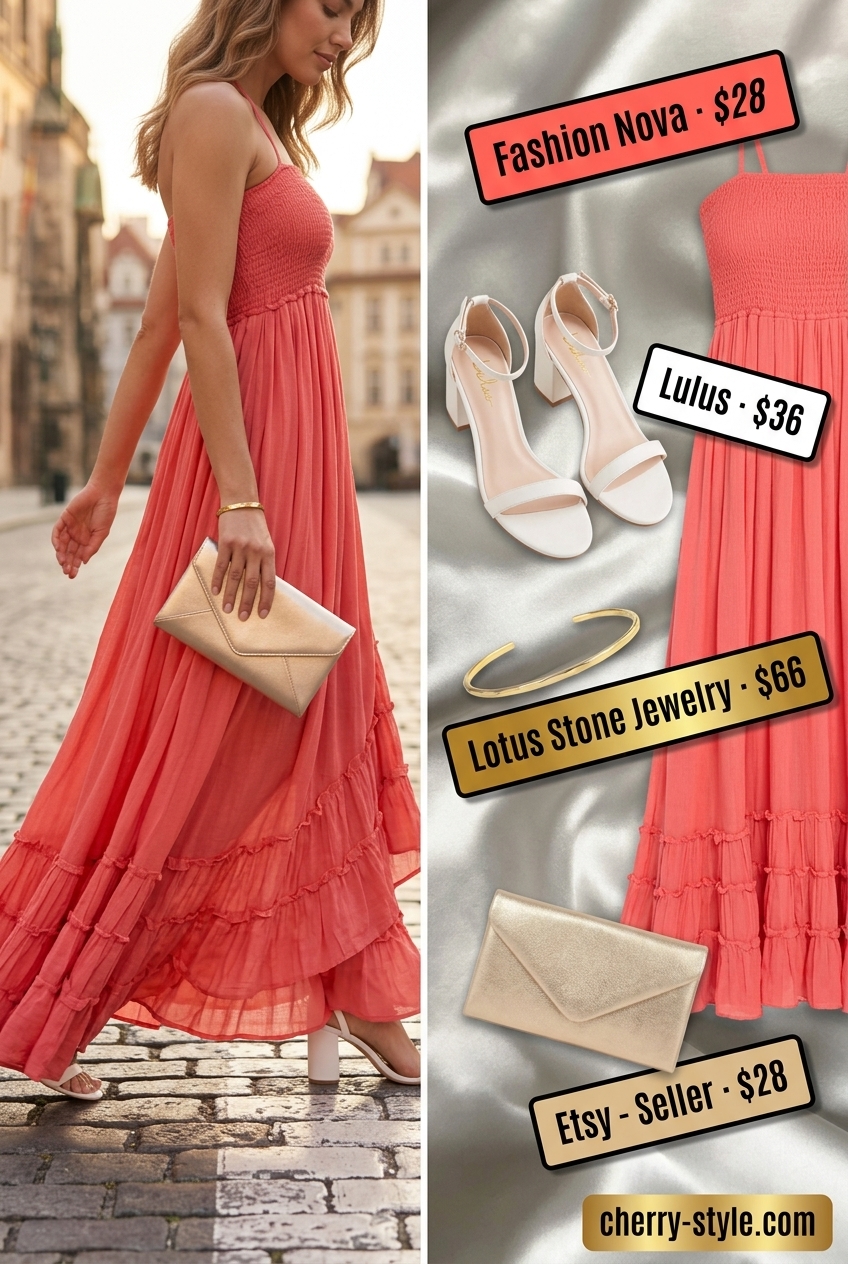 Sunset glow maxi dress outfit for women 2026: coral dress, gold clutch, strappy sandals.