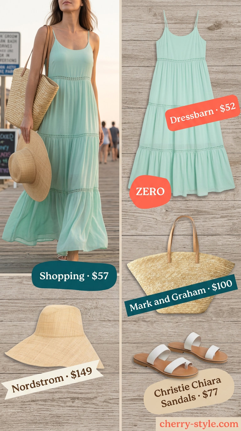 Coastal breeze maxi dress outfit for women 2026: Seafoam green maxi dress, straw hat, straw tote, leather slides.