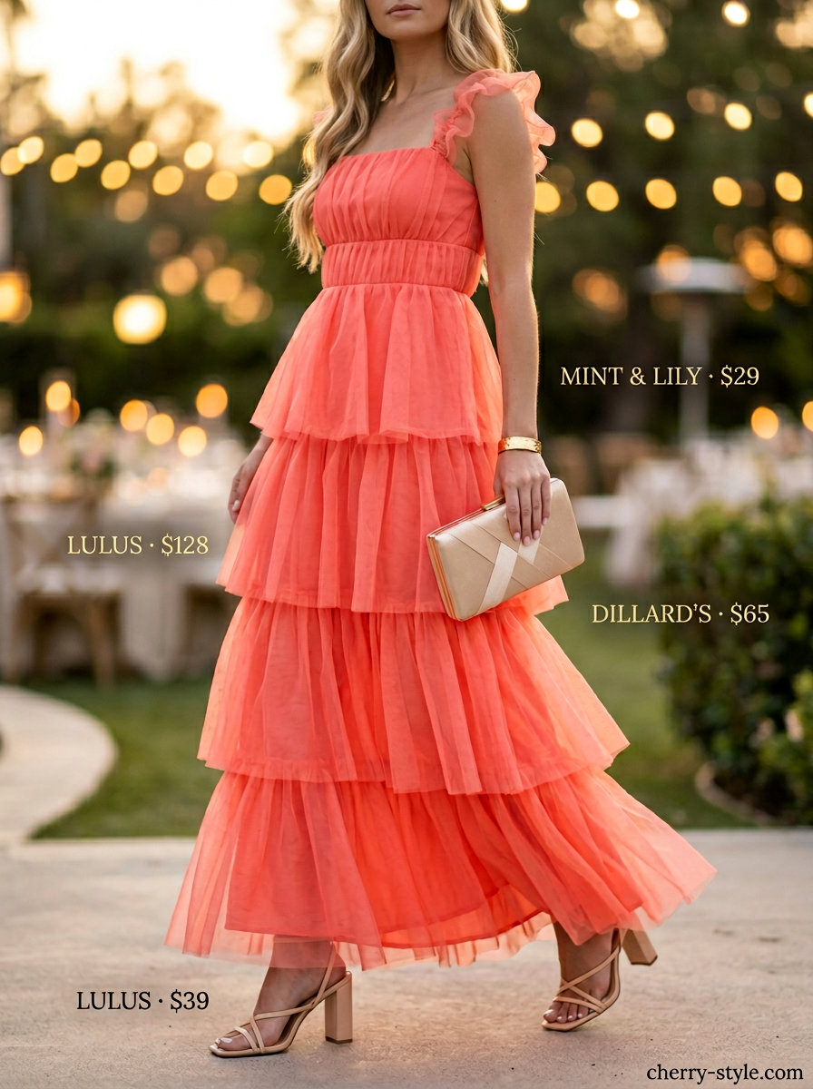 Sunset Serenade Maxi Dress: Coral tiered maxi dress, cream sandals, gold bracelet, champagne clutch.