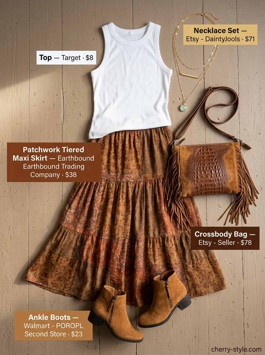 Boho chic maxi skirt outfit for women 2026: Earthy toned maxi skirt, ribbed tank, suede boots, fringed bag.