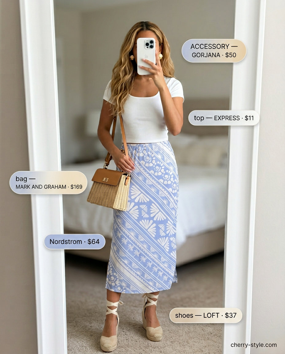 Mediterranean dream midi skirt outfit for women 2026: blue print skirt, white top, espadrilles.