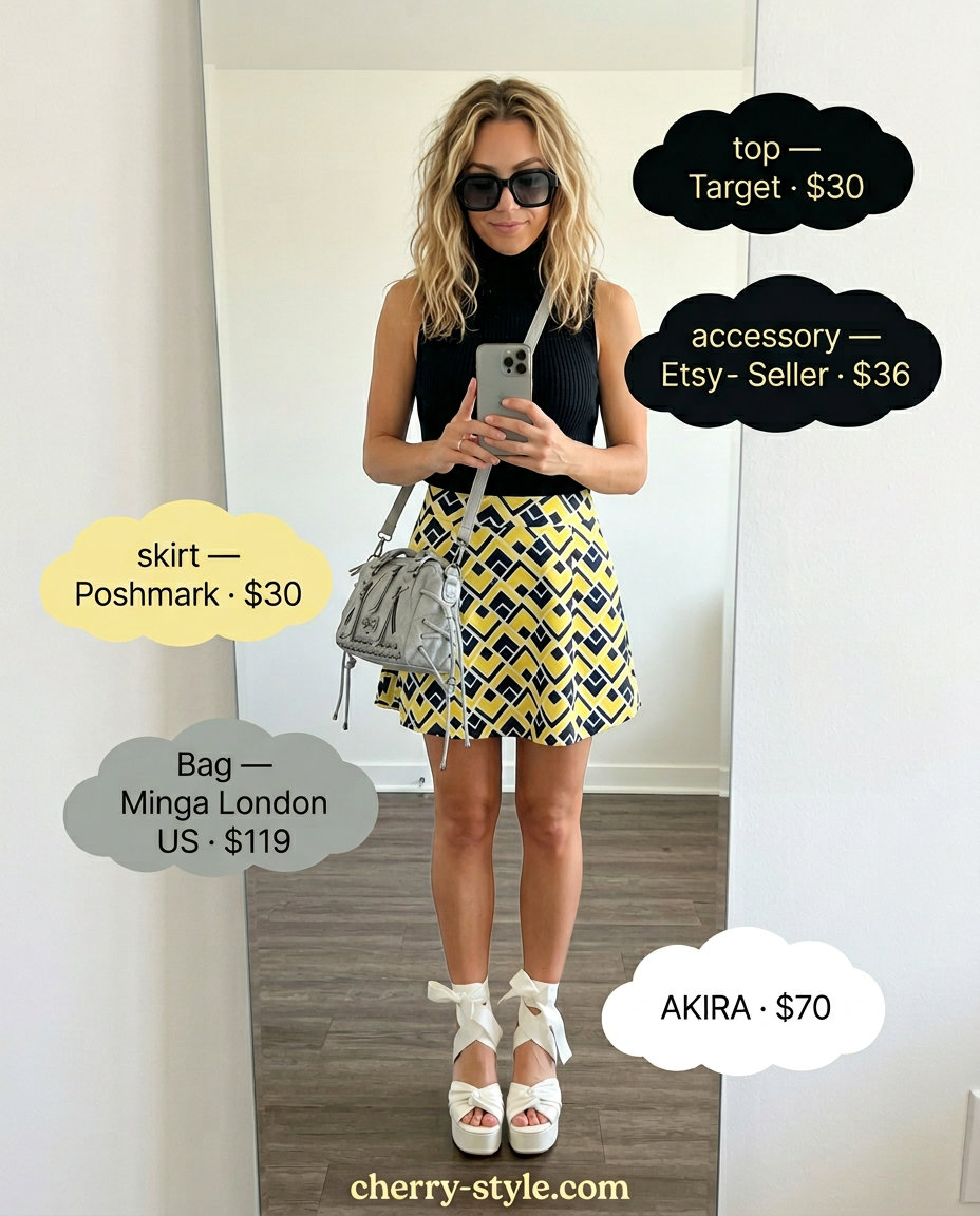 Retro vibes mini skirt outfit for women 2026: Yellow geometric skirt, black turtleneck top, platform sandals.