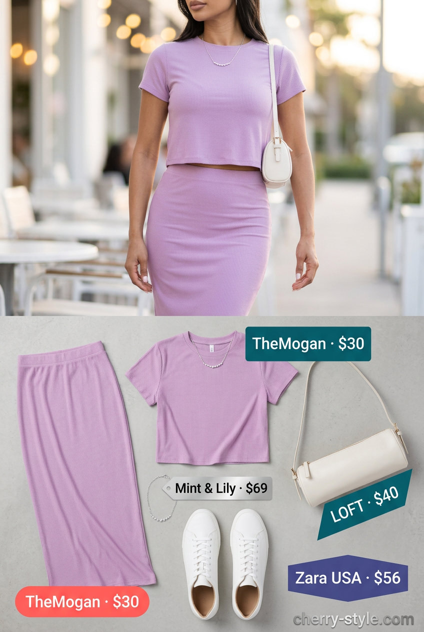 Pastel power set for women 2026: lilac skirt set, white sneakers, silver necklace. Chic brunch outfit.
