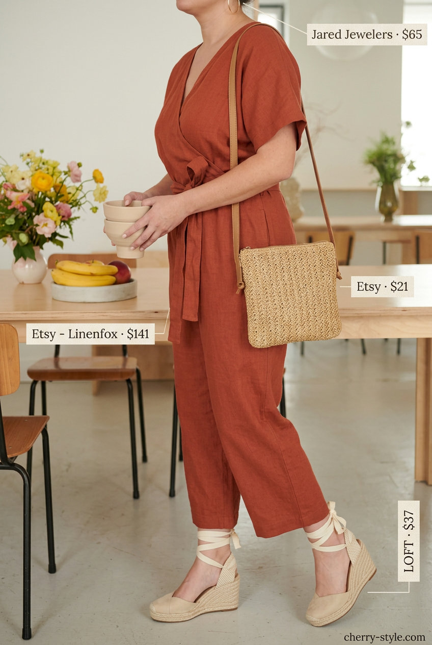 Weekend brunch romper outfit for women 2026: Terracotta romper, espadrille wedges, woven crossbody bag, gold hoops.
