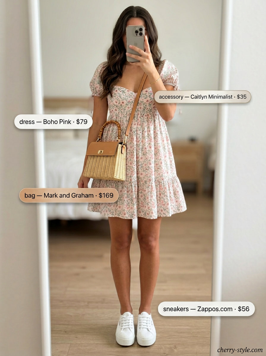 Sweetheart sundress outfit for women 2026: Pastel floral sundress, white sneakers, wicker bag, gold bracelet.