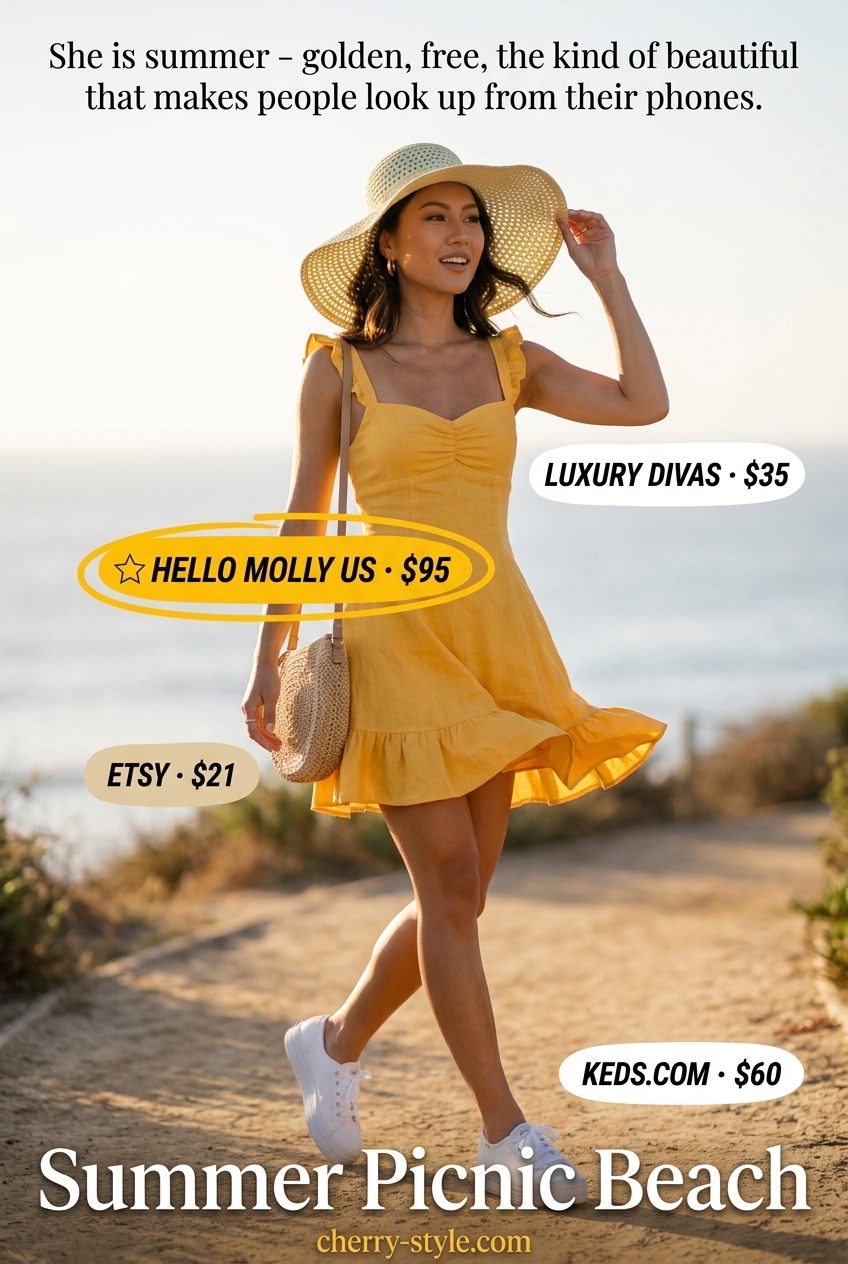 Sunny Day Sundress: Bright yellow mini dress, straw hat, white sneakers, small straw bag.