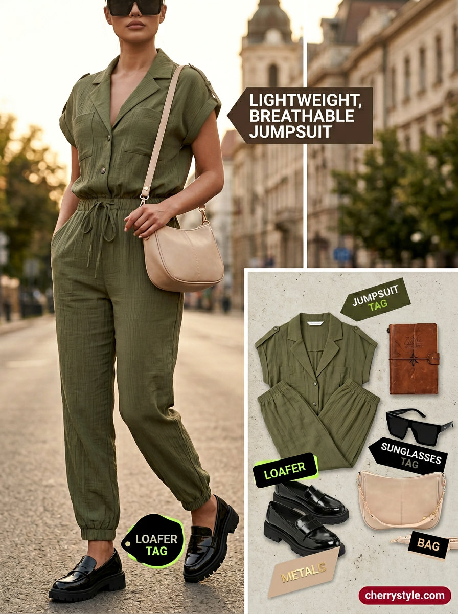 Weekend Getaway Jumpsuit: Olive utility jumpsuit, black loafers, cream crossbody bag, sunglasses.