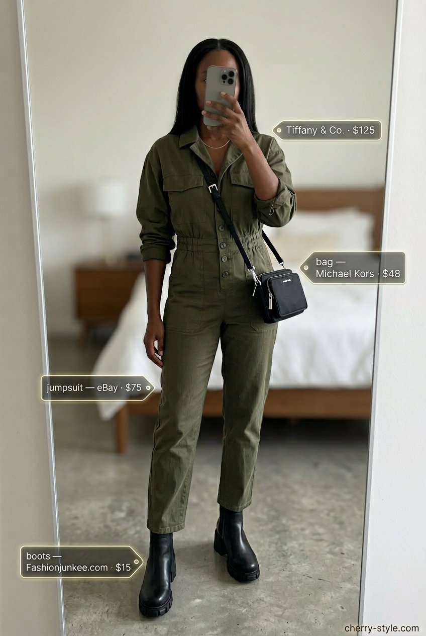 Urban utility jumpsuit outfit for women 2026: olive green jumpsuit, black boots, silver necklace.