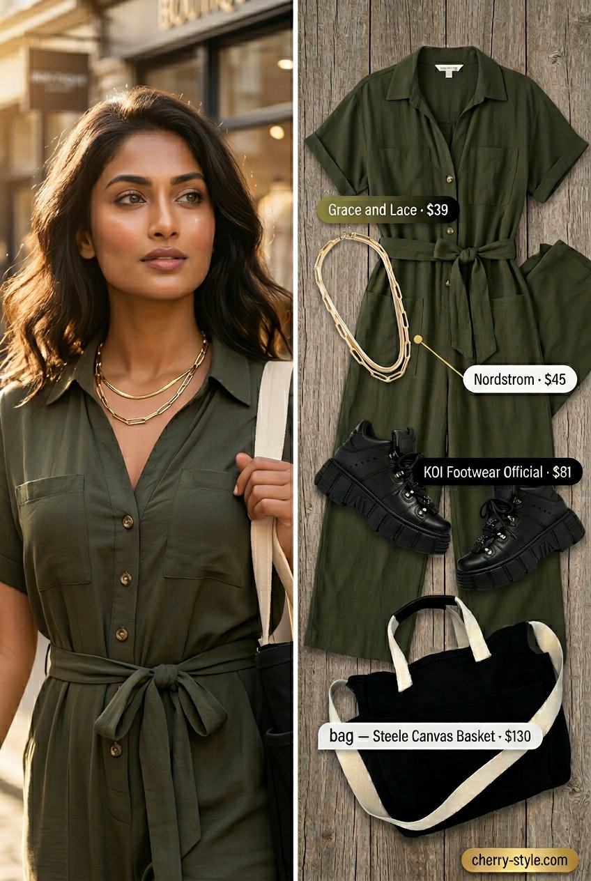 Effortless Wide-Leg Jumpsuit: Olive utility jumpsuit, black sneakers, tote, gold necklaces.