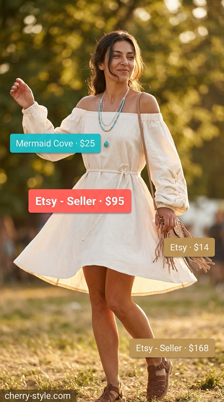 Bohemian ivory off-shoulder maxi dress outfit for festival, with leather sandals and layered necklaces.