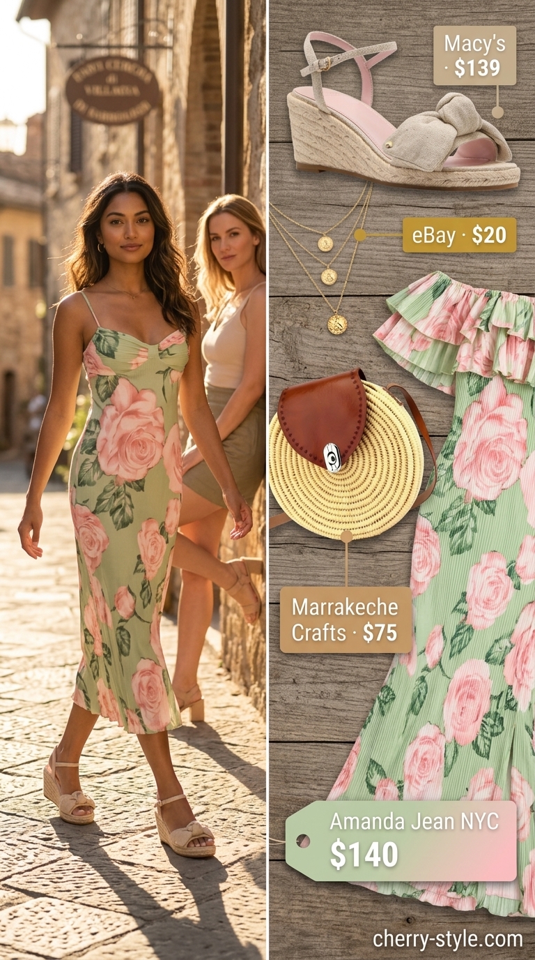 Floral off-shoulder maxi dress with straw hat and espadrilles. Summer off-shoulder dress outfits 2026.
