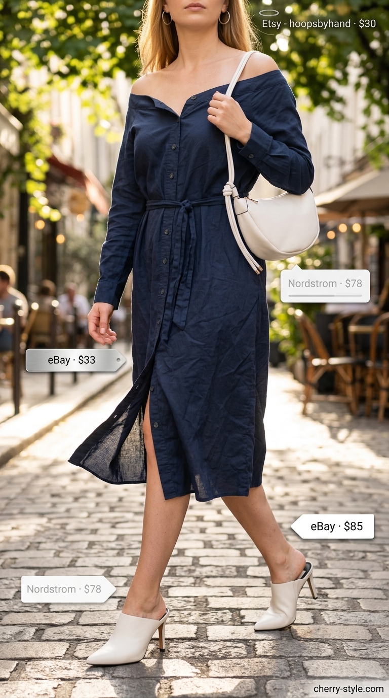 Polished navy off-shoulder shirt dress outfit for business casual, with white mules and silver accessories.
