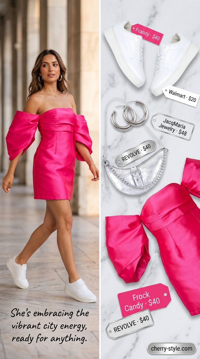 Hot pink off-shoulder mini dress for summer off-shoulder dress outfits 2026, with platform sneakers and silver accessories.