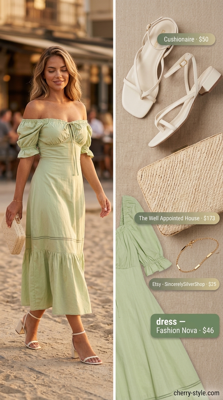 Sage green off-shoulder midi dress for summer off-shoulder dress outfits 2026, styled with strappy heels and a straw clutch.