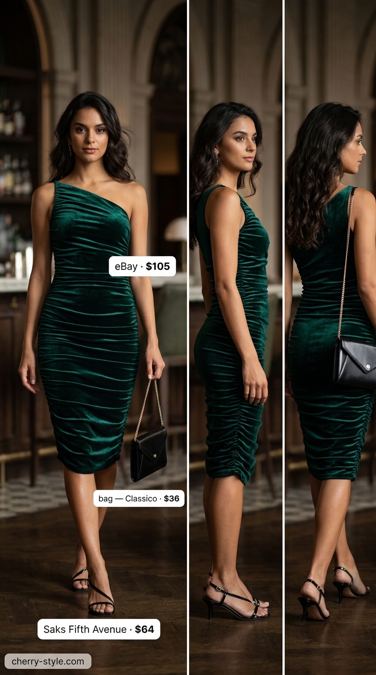 Emerald green off-shoulder satin midi dress for summer off-shoulder dress outfits 2026, with high heels and a clutch.