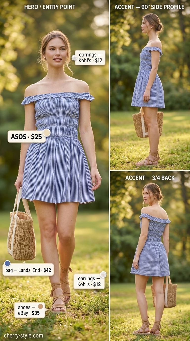 Blue gingham off-shoulder smocked mini dress for summer off-shoulder dress outfits 2026, with espadrilles and a straw tote.