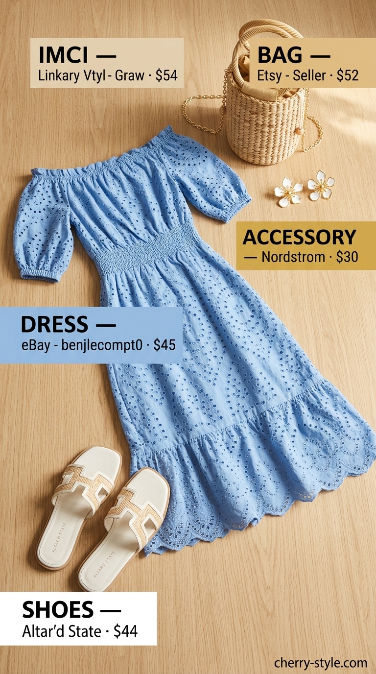 Sky blue off-shoulder eyelet midi dress for summer off-shoulder dress outfits 2026, with flat sandals and a rattan bag.