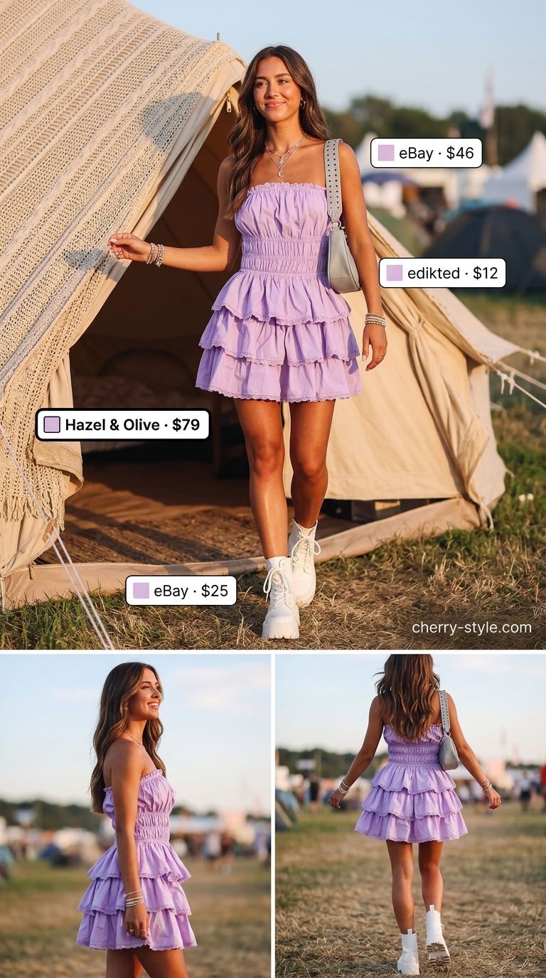 Lavender off-shoulder tiered mini dress for summer off-shoulder dress outfits 2026, styled with platform boots and silver jewelry.