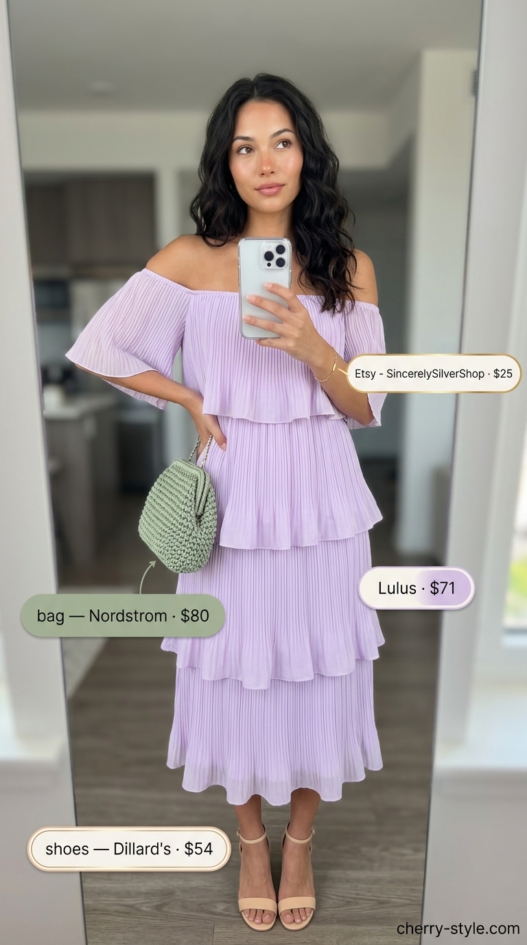 Lavender off-shoulder midi dress with beige sandals and sage green clutch. Summer off-shoulder dress outfits 2026.