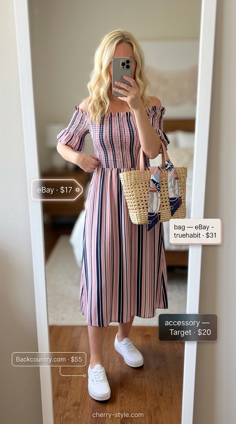 Pink and white striped off-shoulder midi dress for summer off-shoulder dress outfits 2026, styled with sneakers and a straw bag.