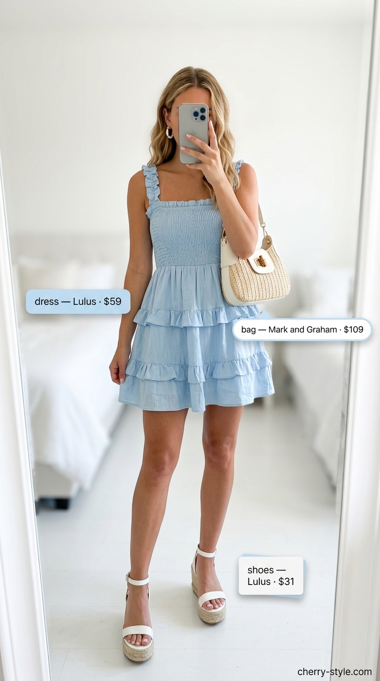 Sky blue off-shoulder mini dress with white espadrilles and raffia bag. Summer off-shoulder dress outfits 2026.