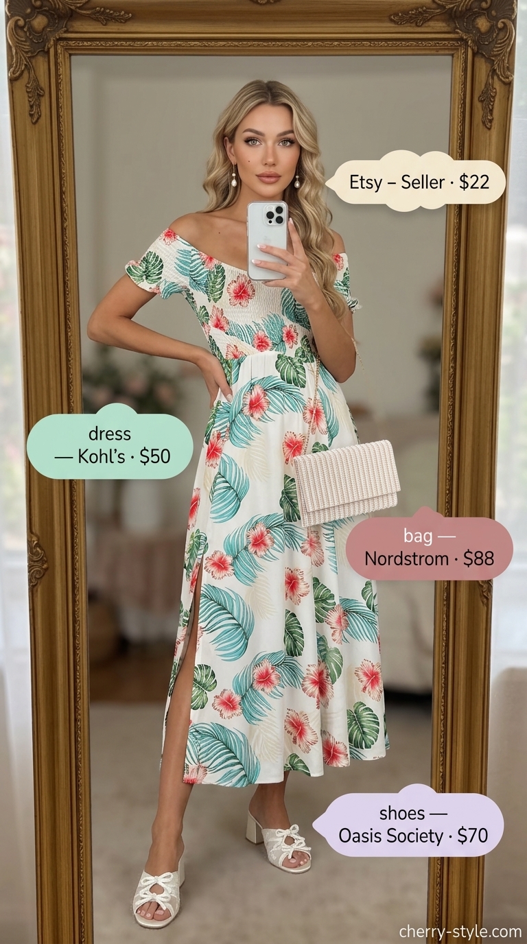 Floral off-shoulder midi dress with ivory mules and pearl clutch. Summer off-shoulder dress outfits 2026.