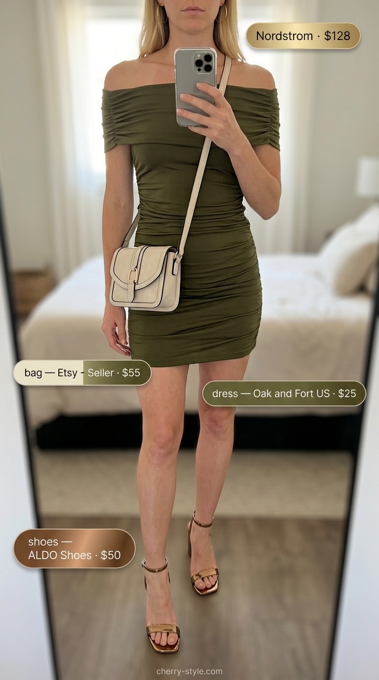 Olive green off-shoulder mini dress with bronze sandals and cream bag. Summer off-shoulder dress outfits 2026.