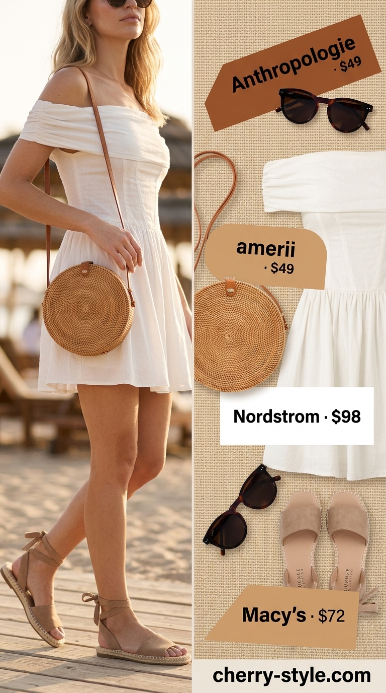 Crisp white off-shoulder mini dress outfit for seaside brunch, with espadrilles, sunglasses, and straw bag.
