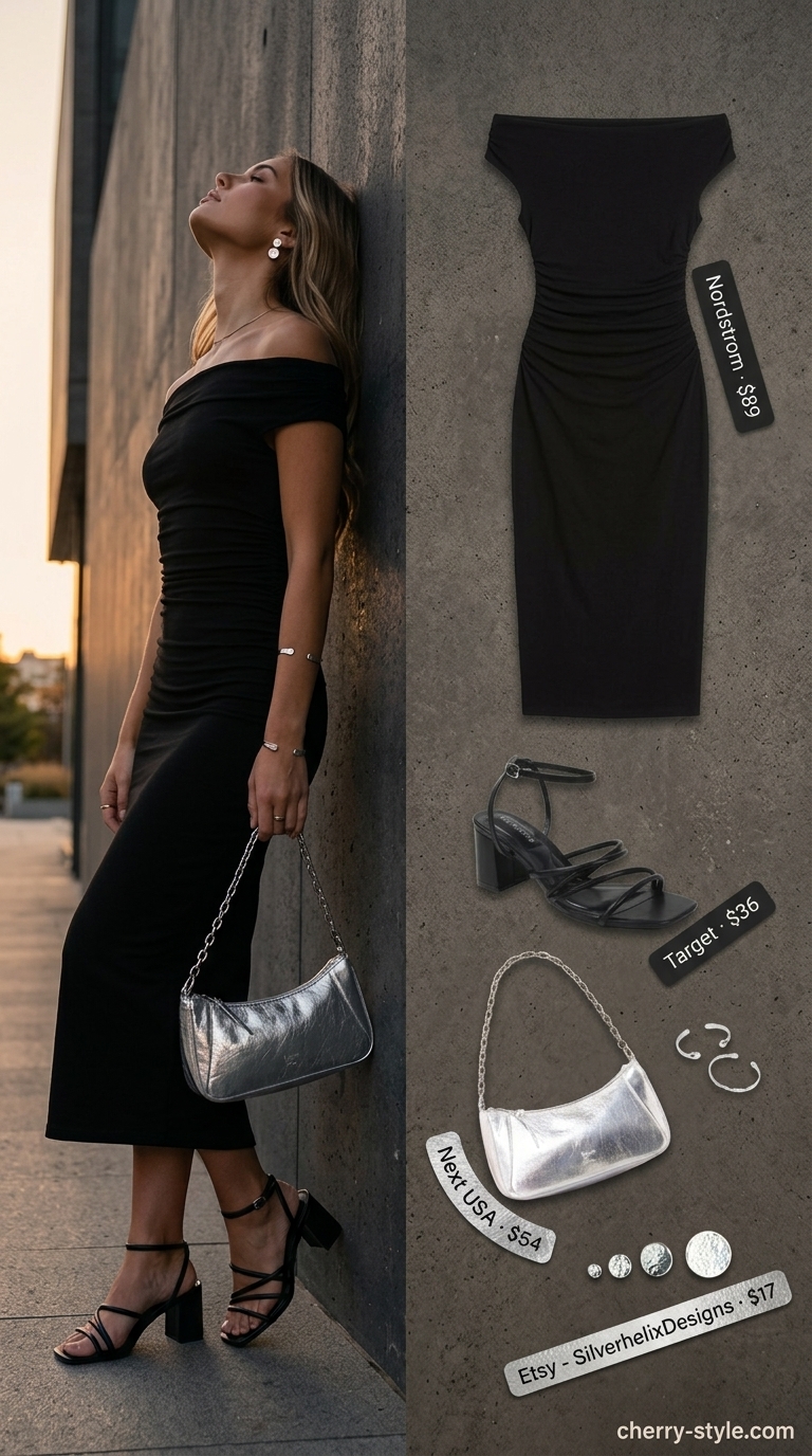 Sleek black off-shoulder midi dress outfit for city summer, with silver accessories and block heels.