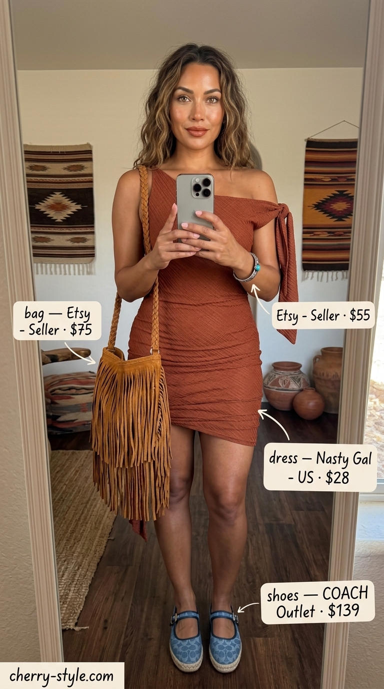 Terracotta off-shoulder mini dress with denim espadrilles and tan fringe bag. Summer off-shoulder dress outfits 2026.