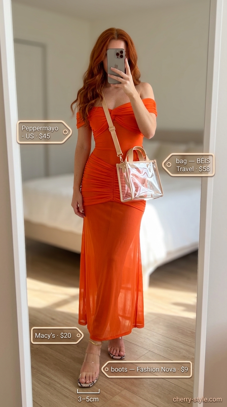 Bright orange off-shoulder tiered maxi dress with nude sandals and clear bag. Summer off-shoulder dress outfits 2026.