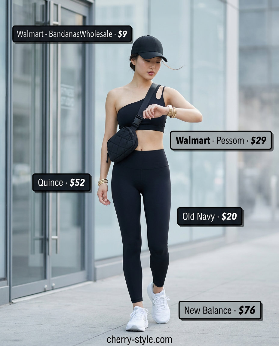 Athleisure one-shoulder sports bra outfit with black leggings and sneakers for summer 2026.
