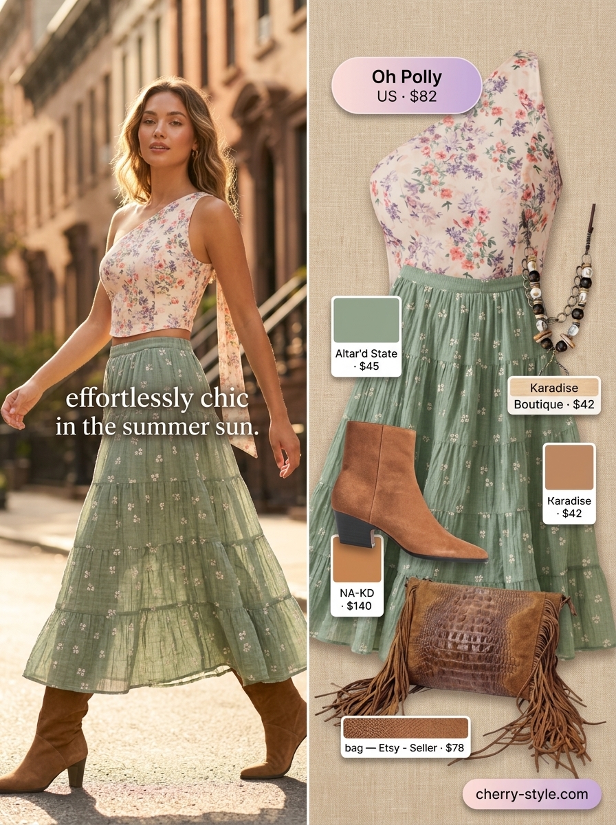 Boho blush pink floral one-shoulder top with sage green midi skirt for summer festivals 2026.