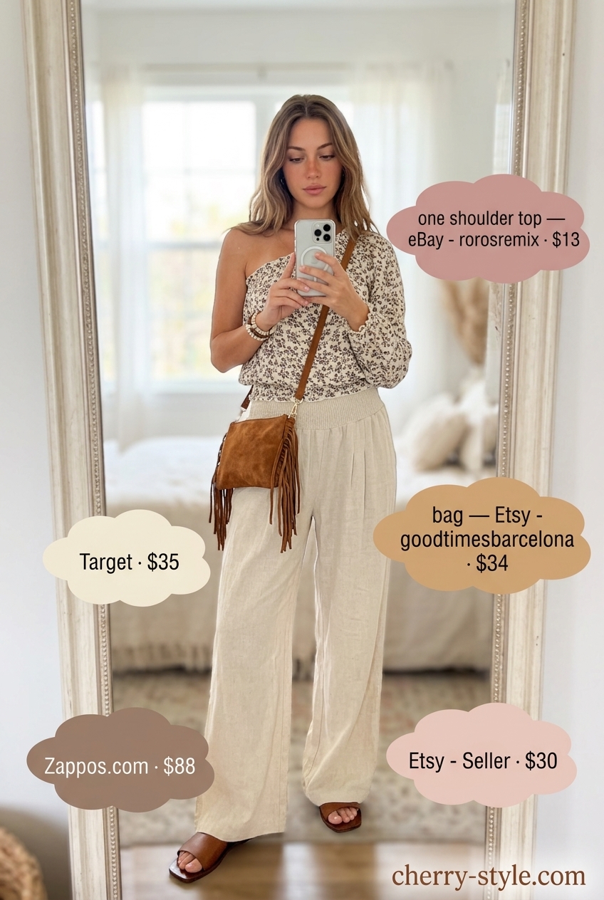 Boho pastel floral one-shoulder blouse with cream palazzo pants for summer festivals 2026.