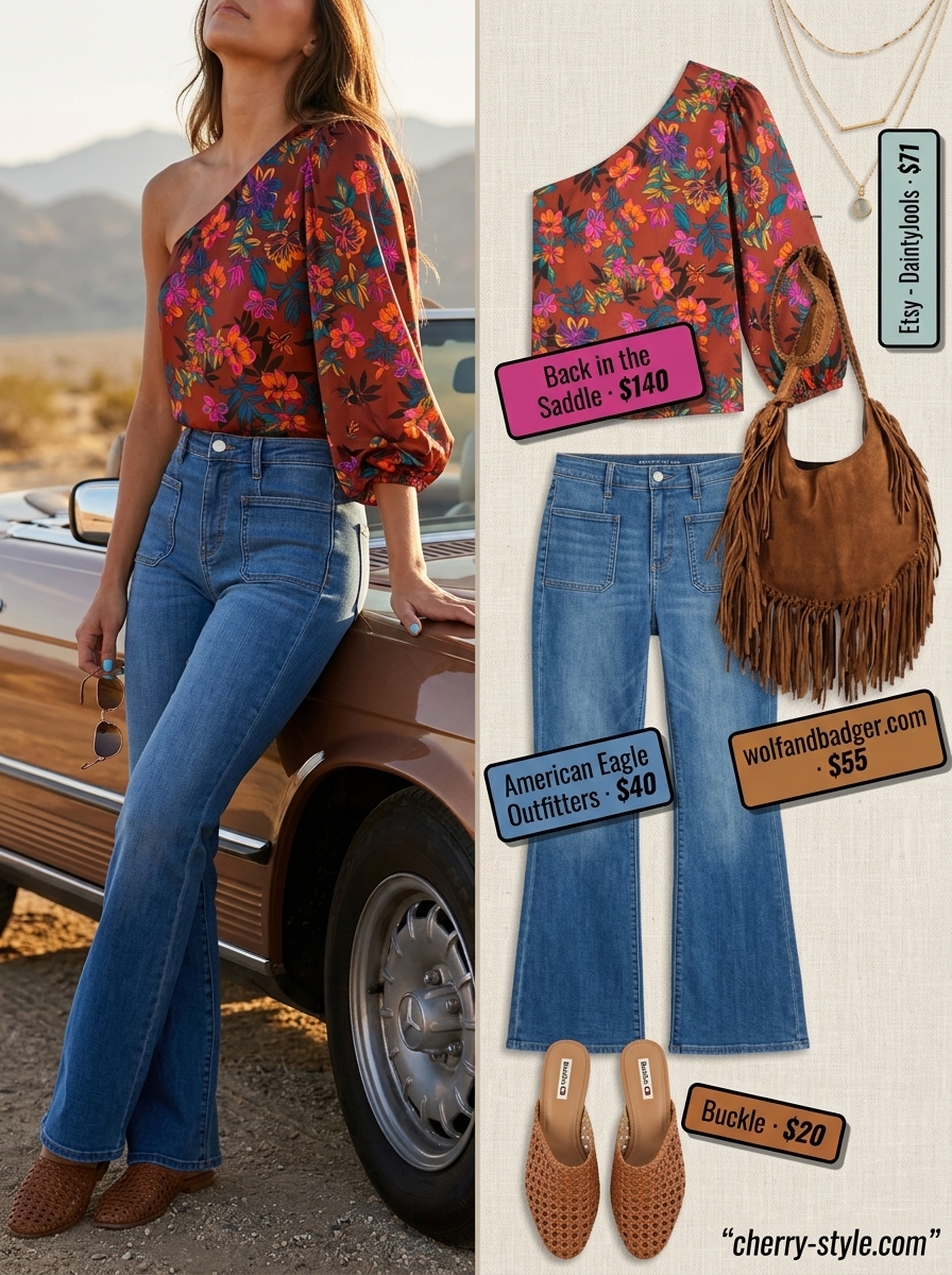 Boho chic summer one-shoulder outfit with a floral blouse, flare jeans, and suede bag for 2026.
