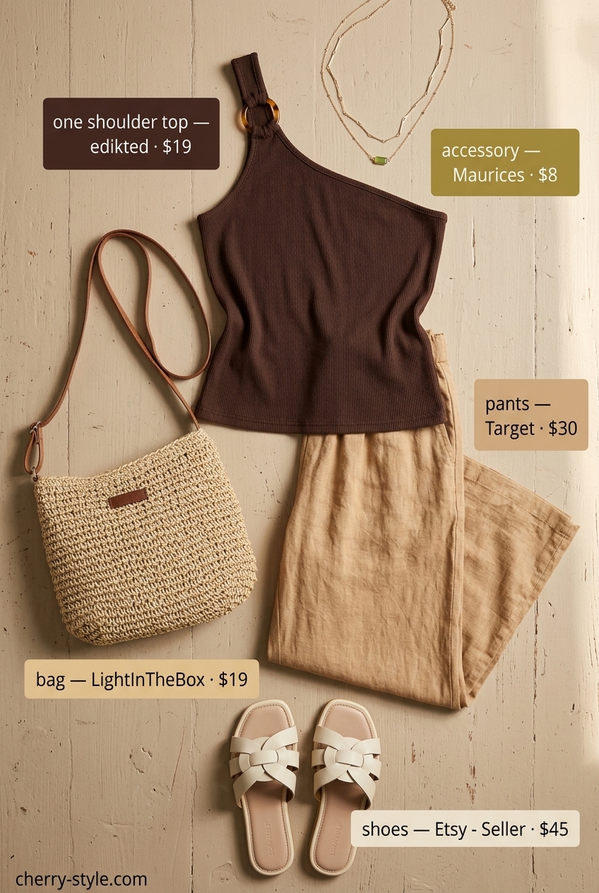 Terracotta one-shoulder knit top with beige wide-leg pants, leather slides, and layered necklaces.