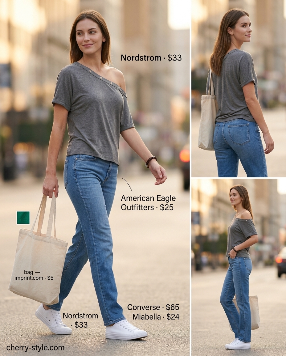 Casual grey one-shoulder top with straight-leg jeans, white sneakers, and tan tote for summer.