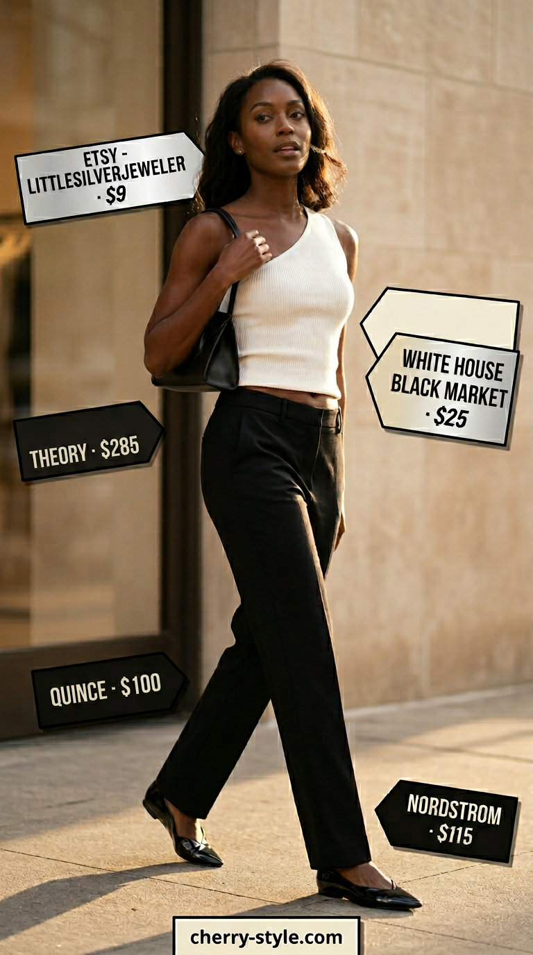 Cream one-shoulder knit top with black tailored trousers, pointed flats, and silver earrings.