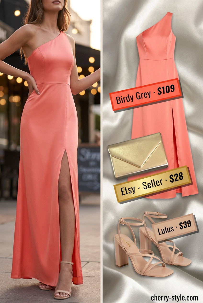 Elegant coral one-shoulder maxi dress for a summer evening event or wedding guest in 2026.