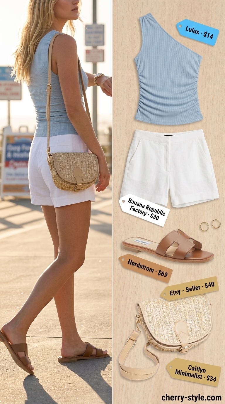 Sky blue one-shoulder top with white linen shorts, leather slides, straw crossbody, and gold earrings.