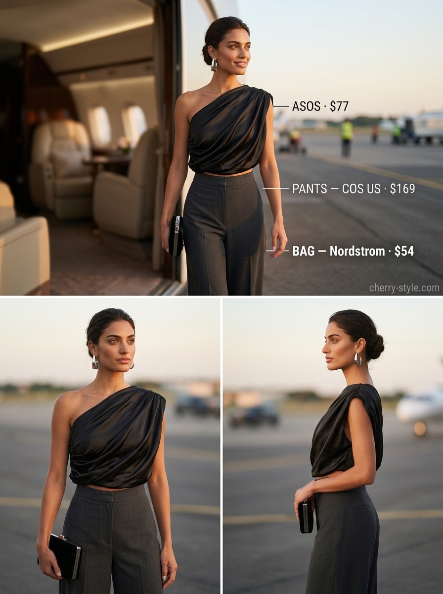 Elegant black one-shoulder satin top with wide-leg trousers for formal evenings 2026.