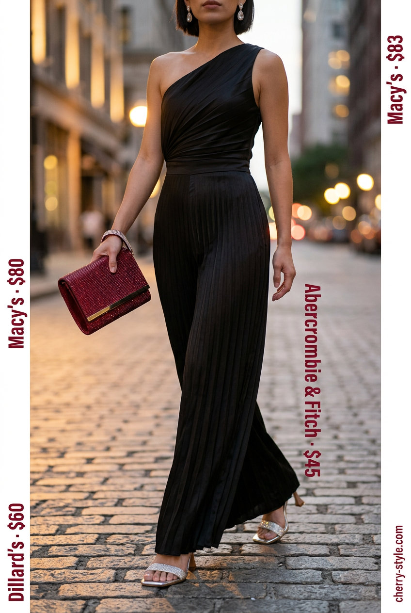 Glamorous black one-shoulder jumpsuit for evening events and cocktail parties 2026.