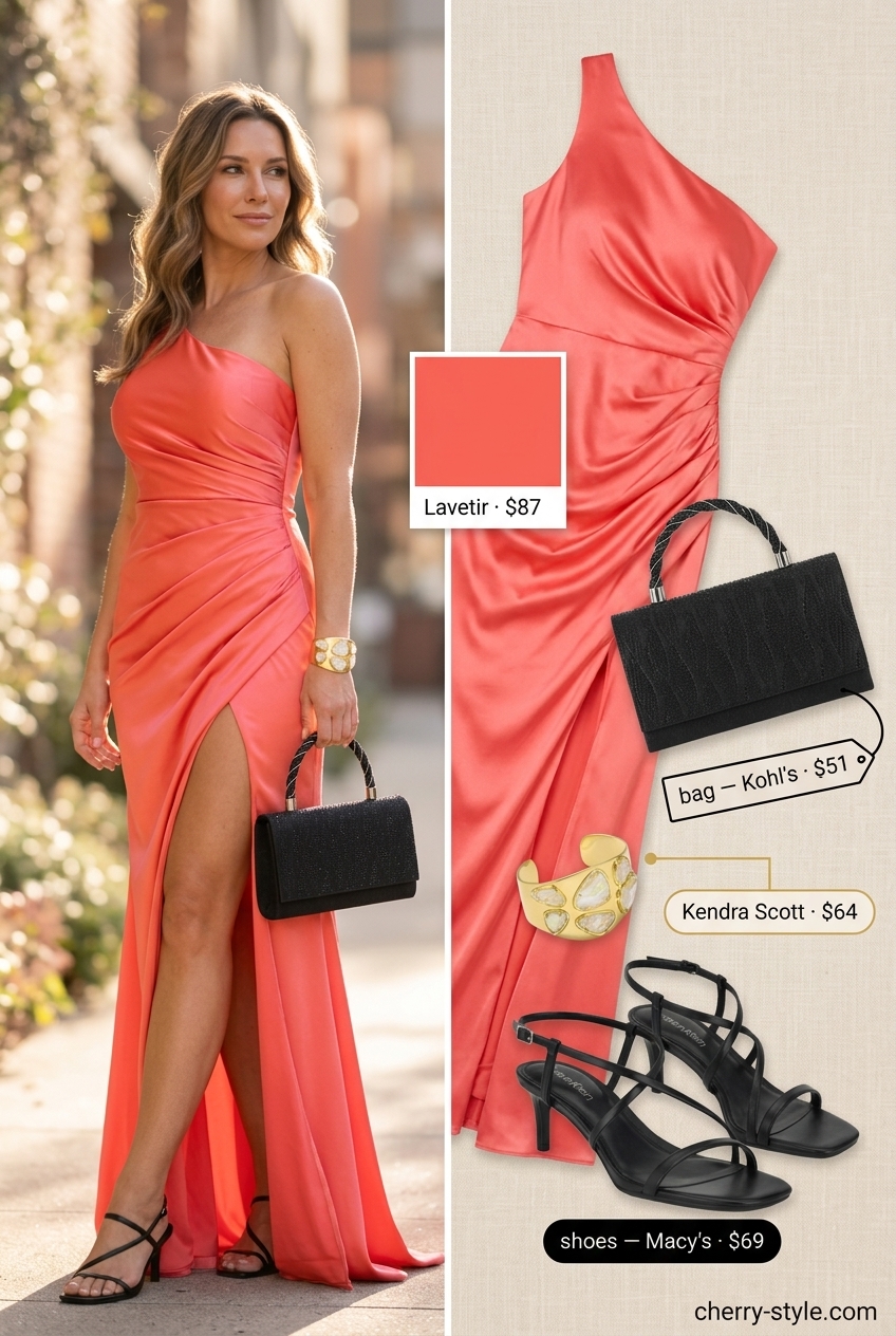Coral one-shoulder maxi dress with strappy heels, gold cuff, and black clutch for evening.