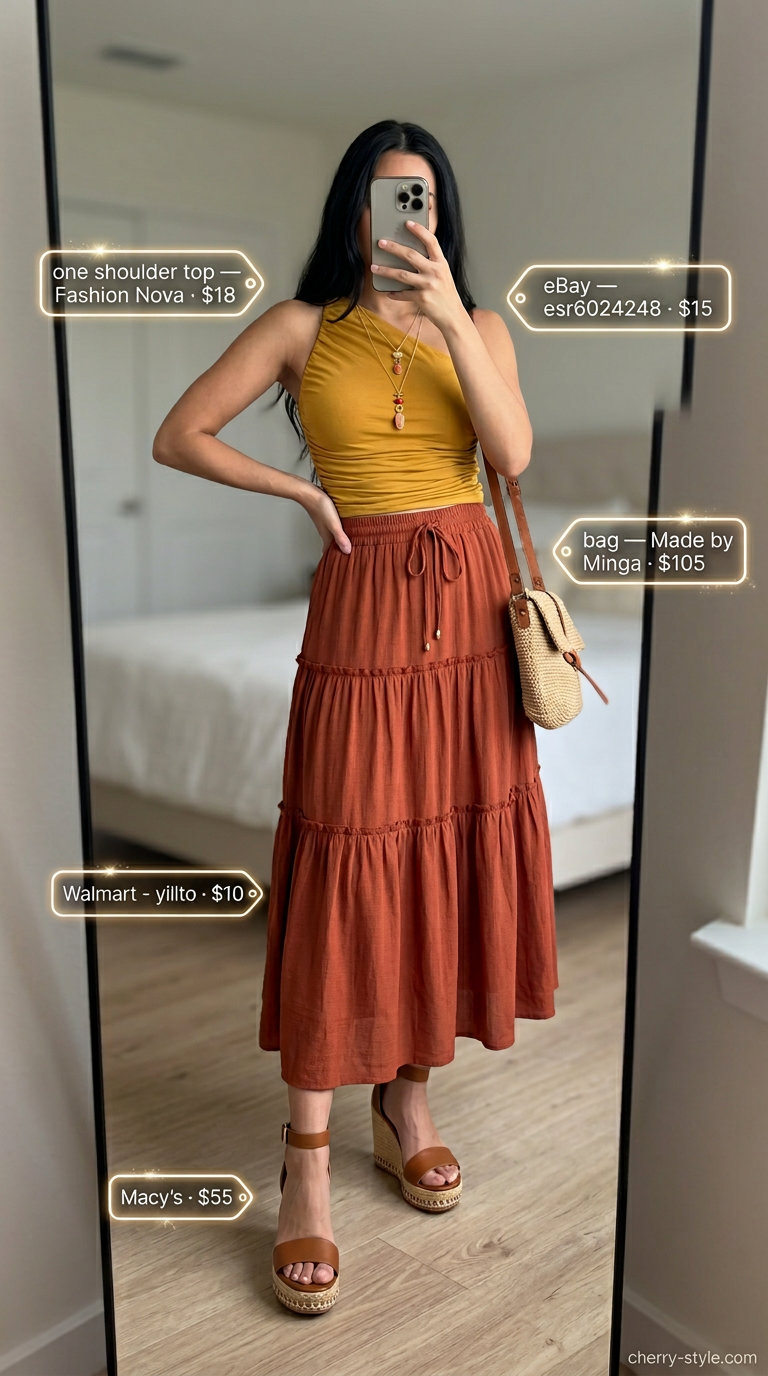 Warm mustard yellow one-shoulder blouse with terracotta midi skirt for sunset dinners 2026.