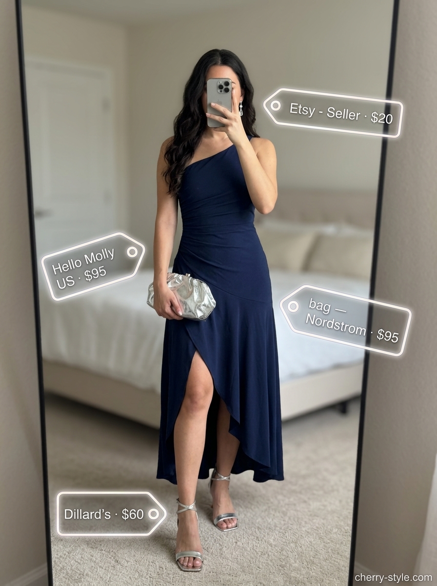 Elegant navy one-shoulder midi dress with silver heels for summer weddings 2026.