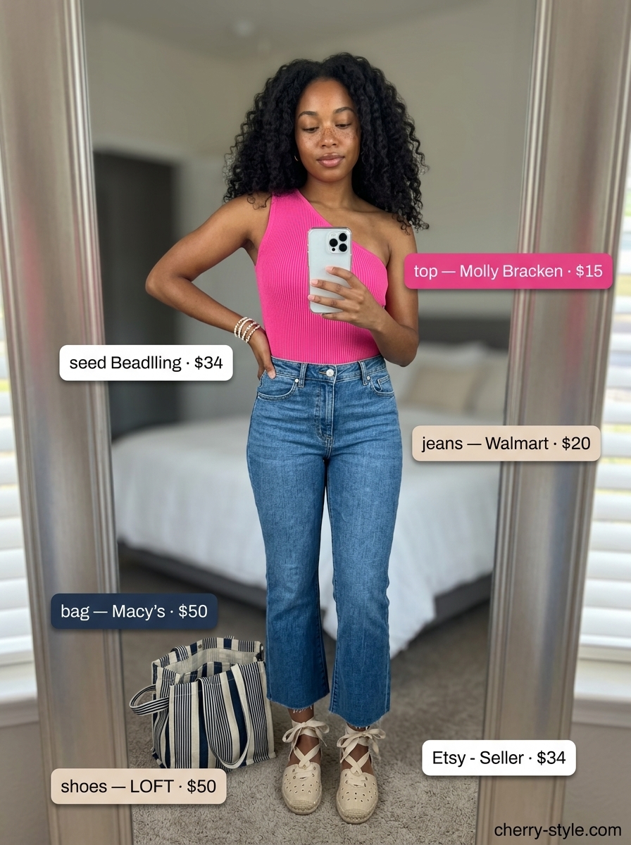 Playful hot pink one-shoulder tee with denim capris, espadrille flats, and striped tote.