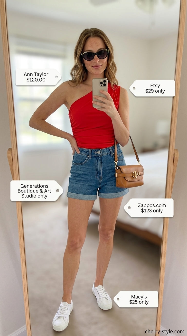 Retro summer one-shoulder outfit with a red crop top, denim shorts, and white sneakers for 2026.